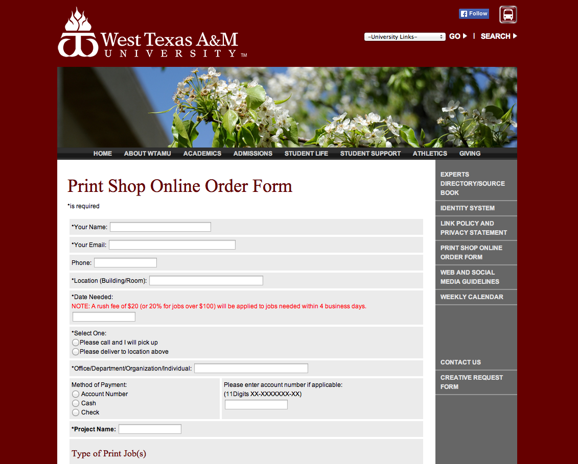 Print Shop Online Order Form example screenshot